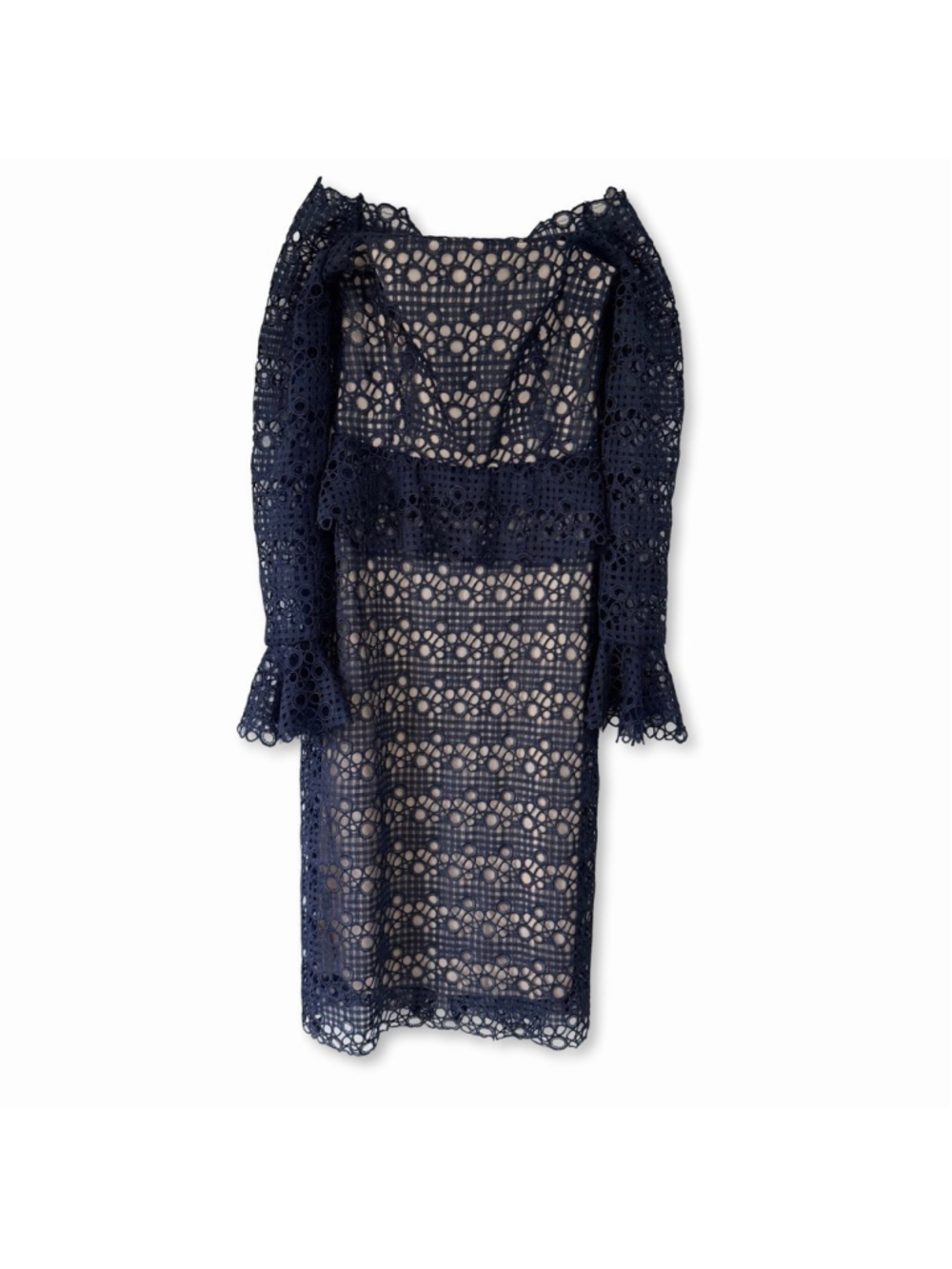 Monique Lhuillier Navy Lace Peplum Long Sleeve Evening Dress Size 10 - Picture 2 of 15